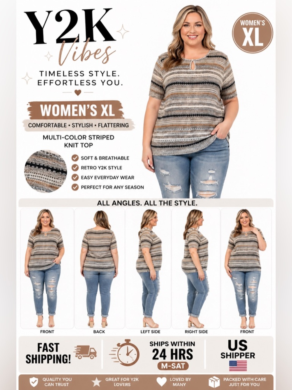 Womens XL Y2K Striped Knit Top Brown Tan Button Short Sleeve Shirt